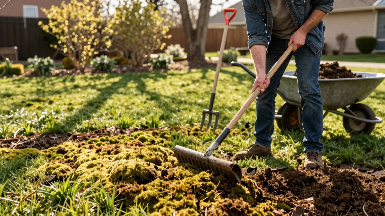 Personne ratissant la terre dans un jardin avec une brouette et un fourche à proximité par une journée ensoleillée.