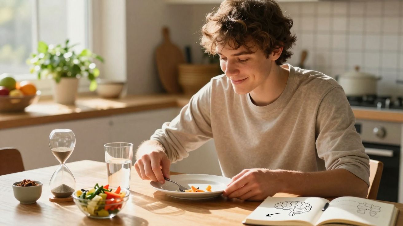 Jeune homme mangeant des légumes à la cuillère à table, avec un livre et un sablier devant lui.