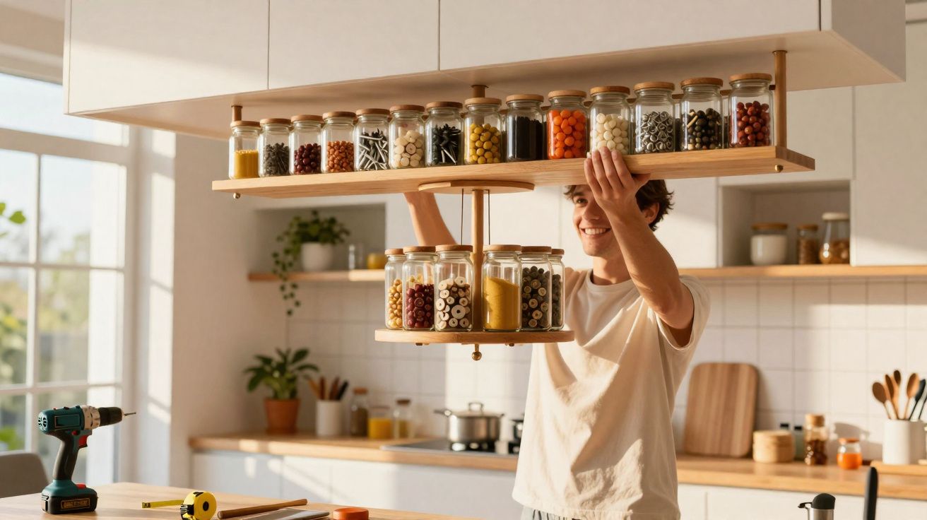 Jeune homme ajustant un support rotatif avec des bocaux d'épices dans une cuisine lumineuse moderne.