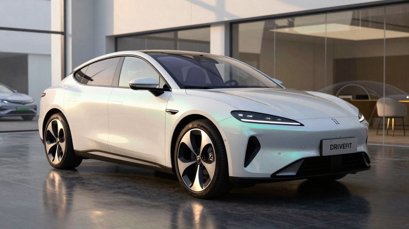 Voiture électrique blanche moderne garée dans un intérieur avec sol en béton et grandes vitres.