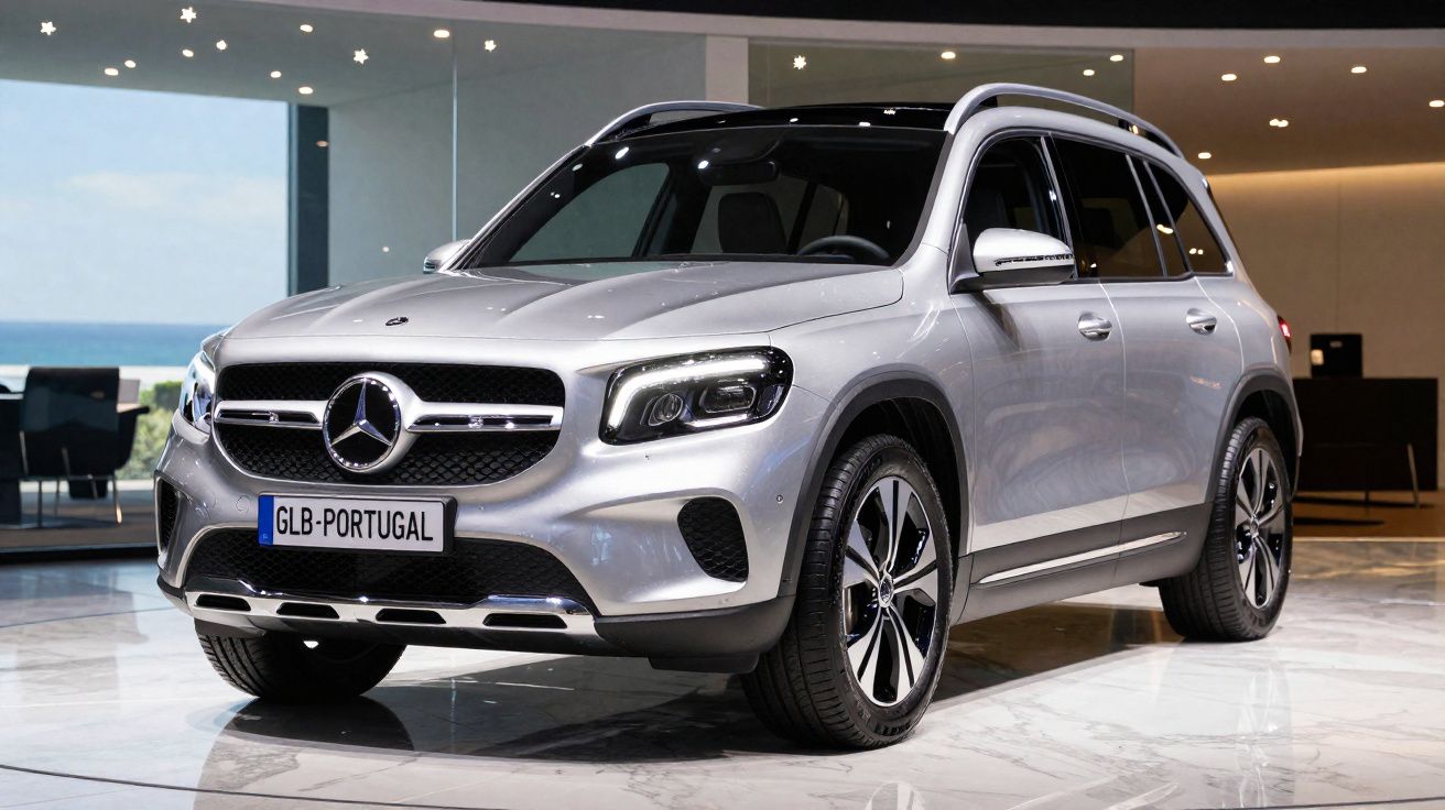 Mercedes-Benz GLB gris argent exposée dans un showroom moderne avec vue sur la mer.