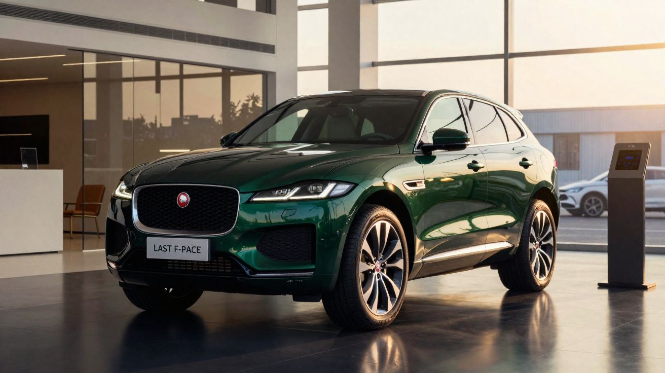Jaguar F-Pace verte exposée dans un showroom moderne avec de larges baies vitrées et sol brillant.