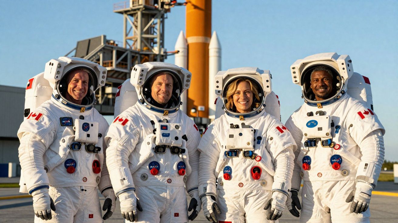 Quatre astronautes en combinaison blanche avec drapeaux canadiens souriant devant une fusée au sol.
