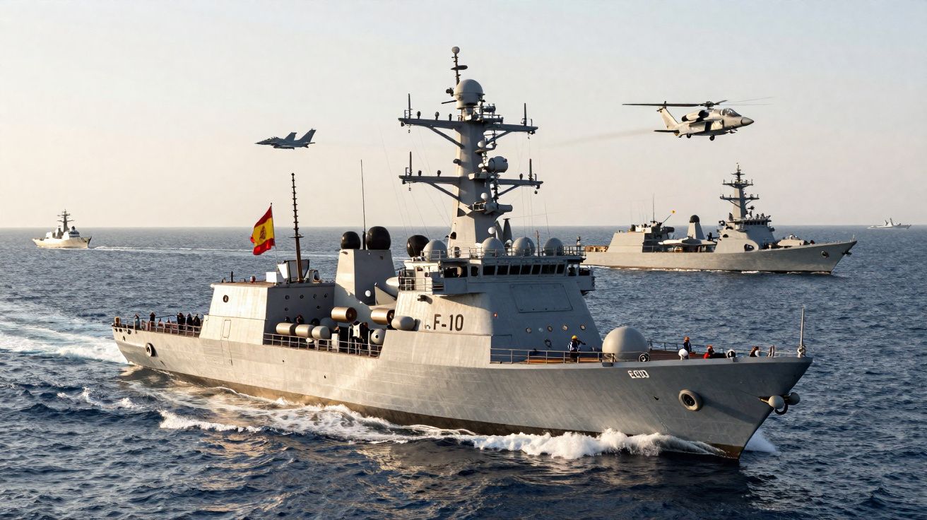 Frégate militaire espagnole F-10 naviguant en mer avec un hélicoptère, un avion de chasse et d'autres navires en arrière-plan