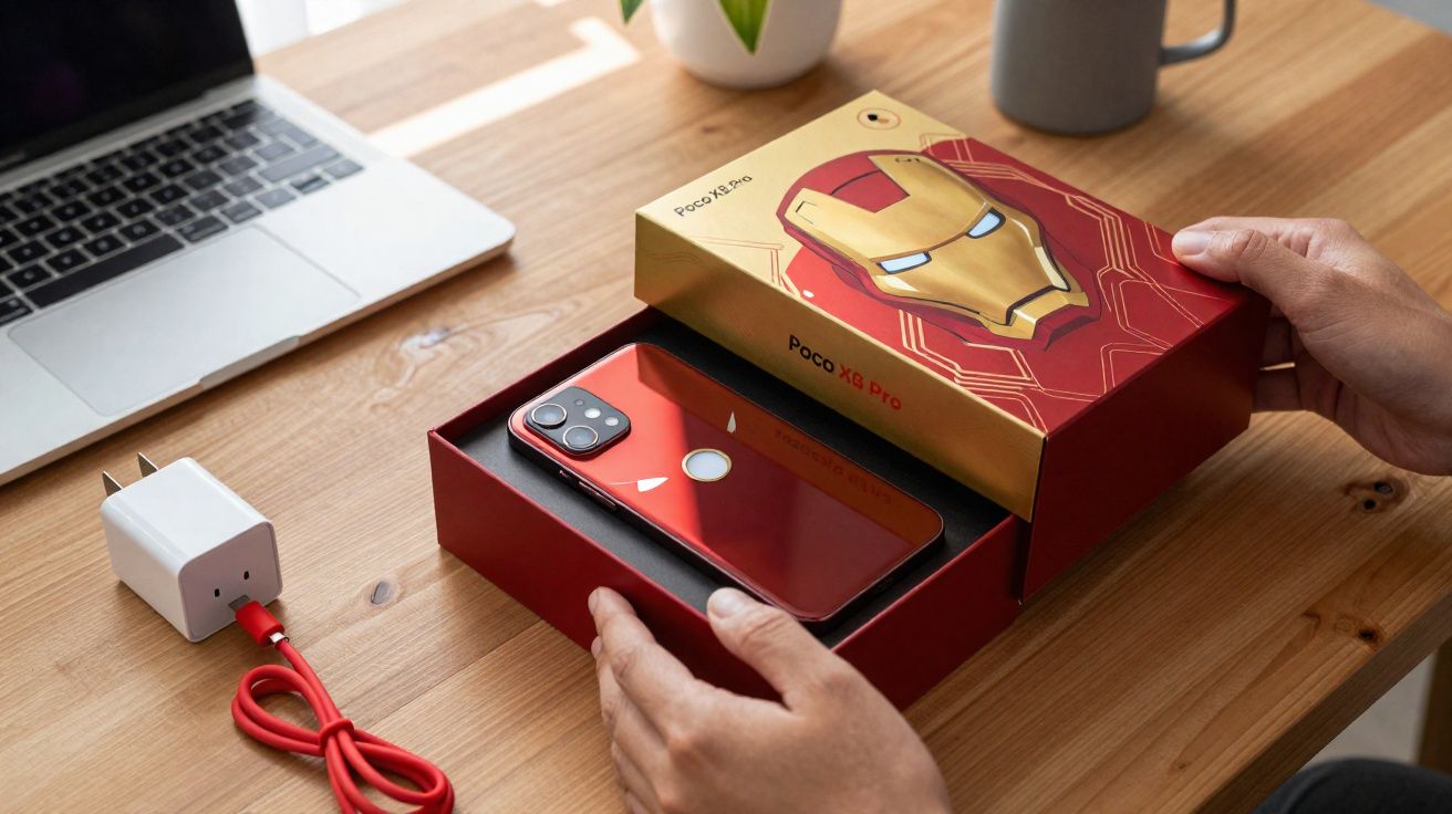 Smartphone rouge Pocophone X5 Pro édition Iron Man dans sa boîte ouverte sur une table en bois.