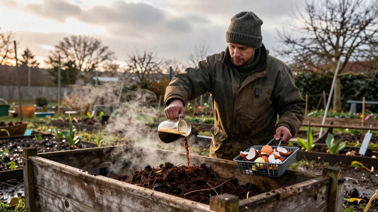 Un homme verse du café dans un composteur en bois dans un jardin en plein air.
