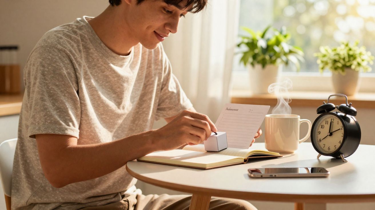 Jeune homme écrit dans un carnet à une table avec tasse fumante, réveil noir et téléphone portable.
