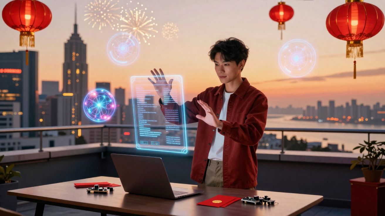 Jeune homme utilisant une interface holographique sur une terrasse au coucher du soleil, avec lanternes et feux d'artifice.