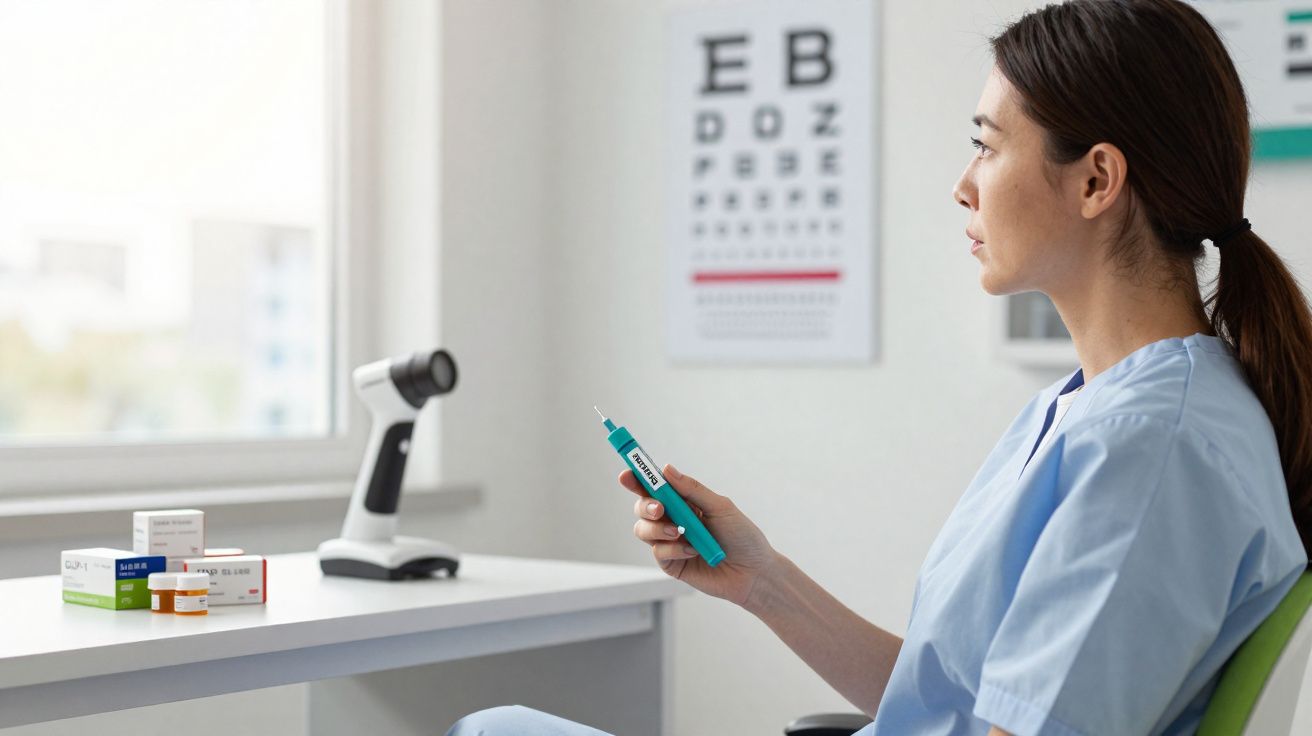Infirmière en uniforme bleu tenant un stylo médical assise devant un bureau avec matériel médical et tableau de vision.