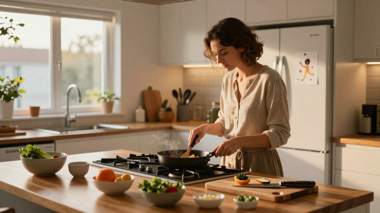 Jeune femme cuisine un repas sain sur une cuisinière dans une cuisine moderne et lumineuse.