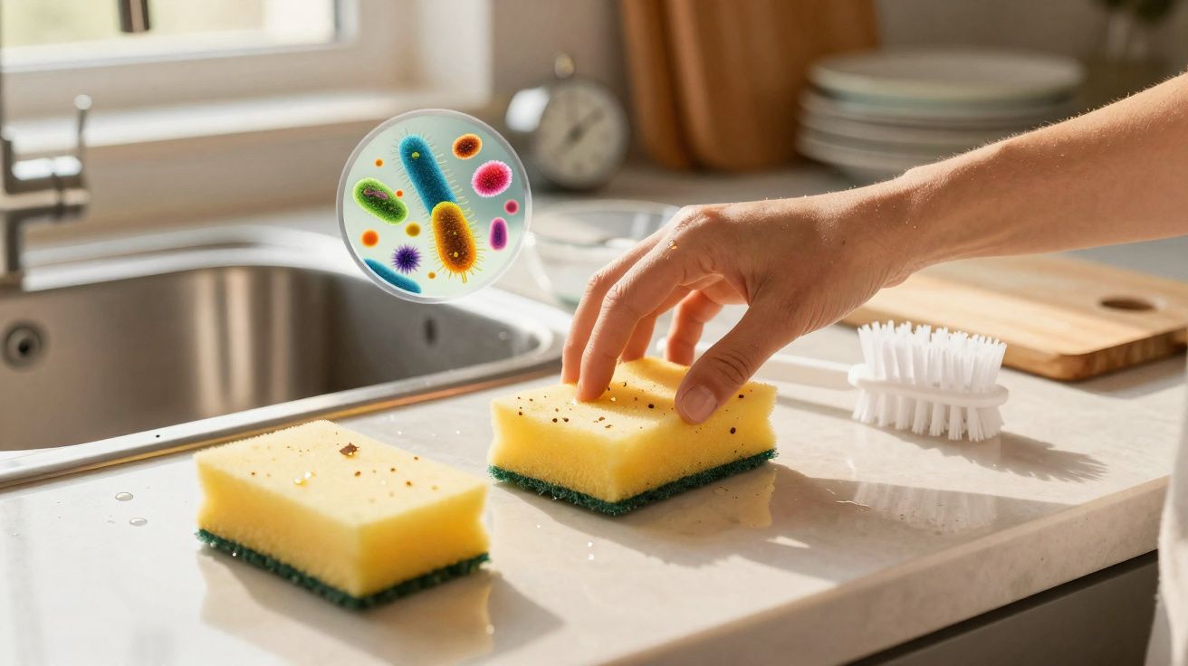 Une main touche une éponge de cuisine sale avec illustration des bactéries en surimpression.