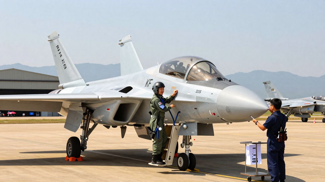 Avion de chasse au sol avec deux techniciens en uniforme vérifiant l’appareil sur piste d’aéroport.