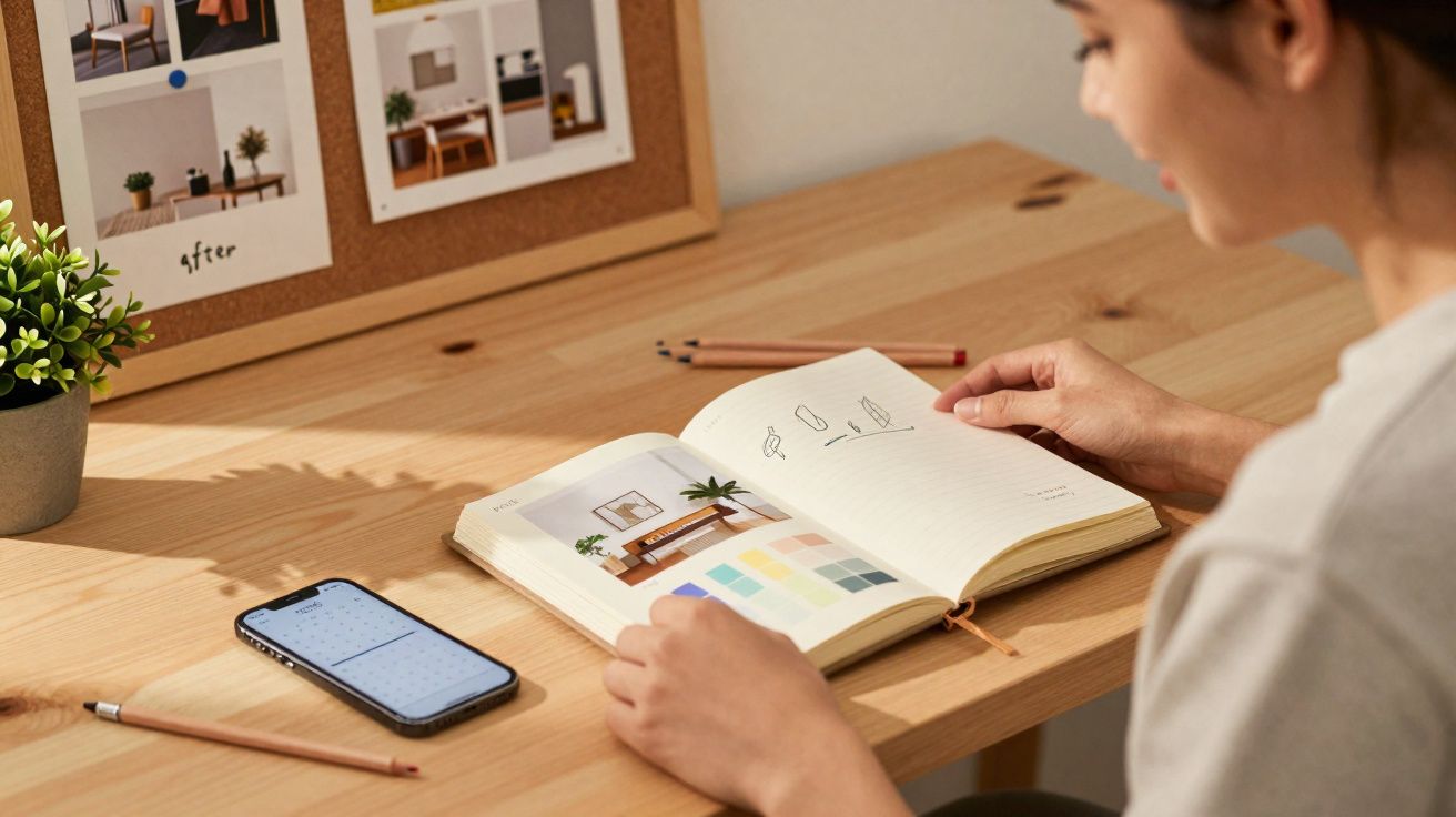 Personne assise à un bureau en bois, consultant un carnet avec des palettes de couleurs et des dessins.