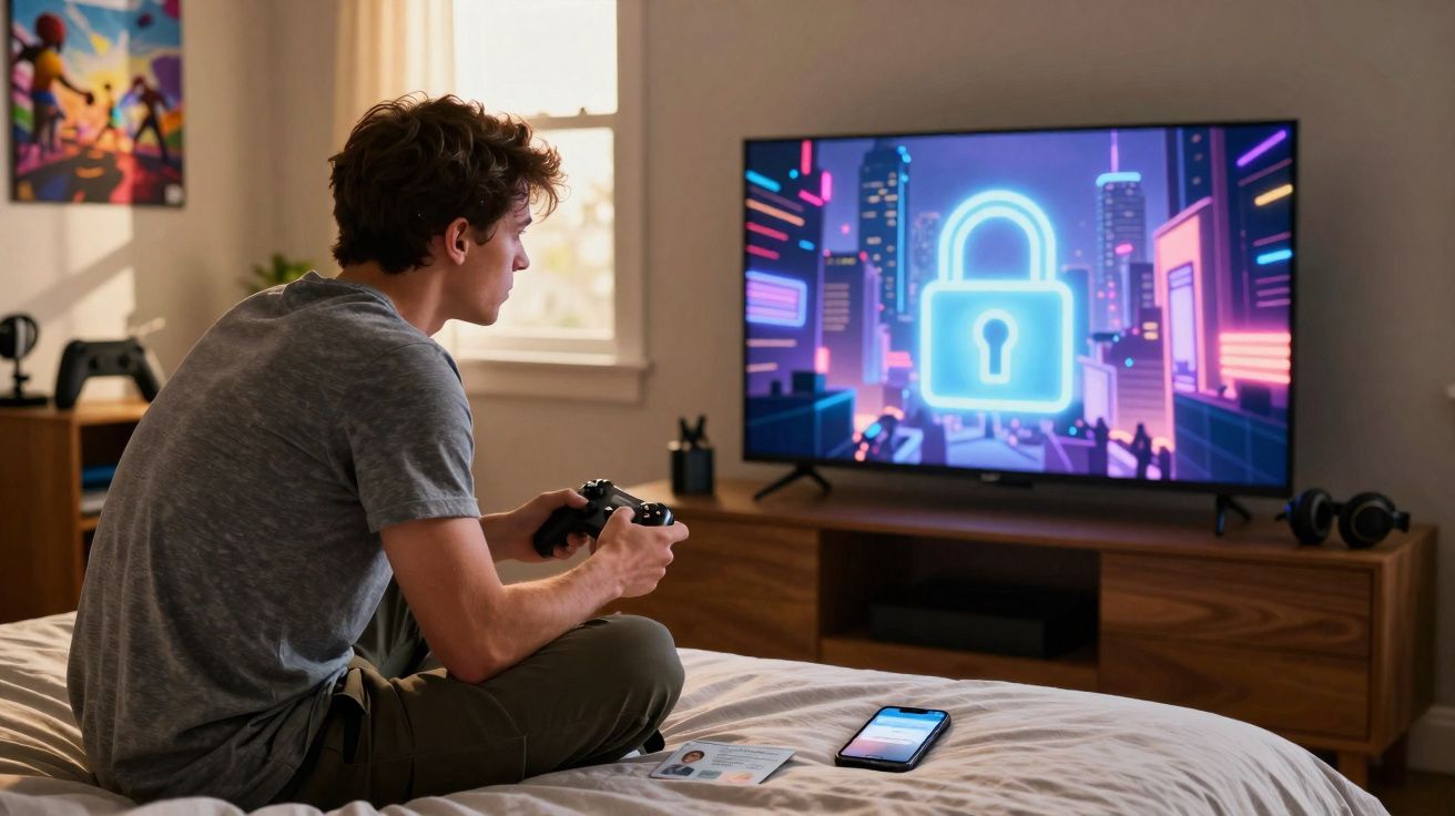 Jeune homme jouant à la console devant un téléviseur affichant un cadenas lumineux dans une chambre.
