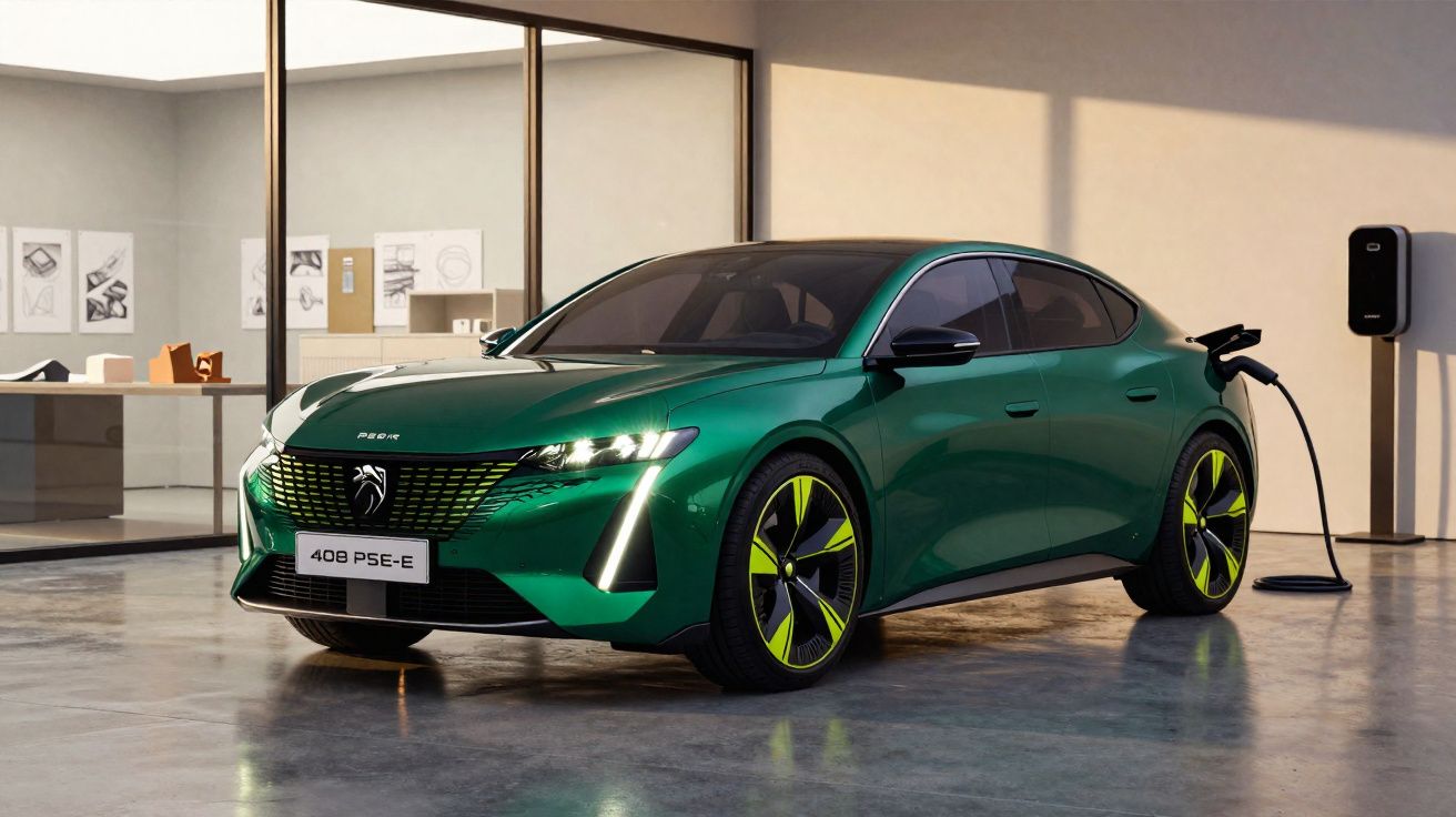 Voiture électrique Peugeot 408 PSE-E verte en charge dans un garage moderne.