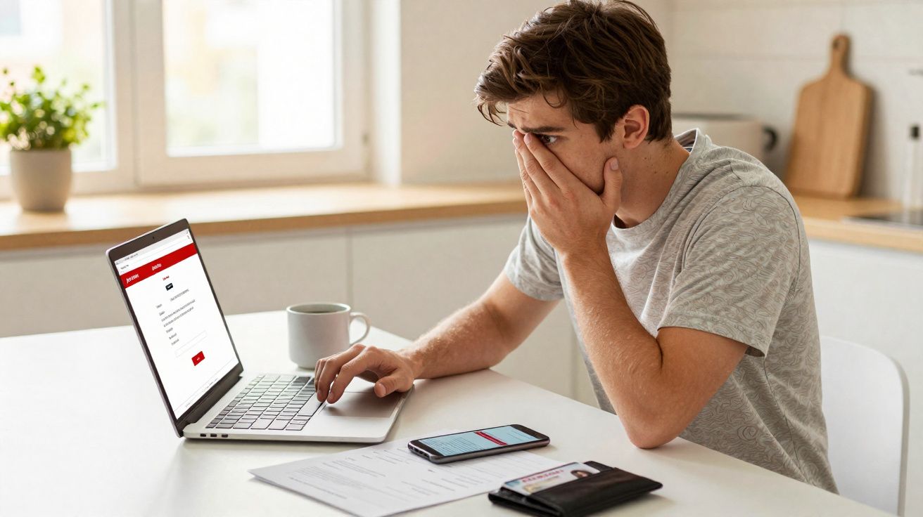 Jeune homme stressé couvrant son visage, utilisant un ordinateur portable pour remplir un formulaire en ligne.