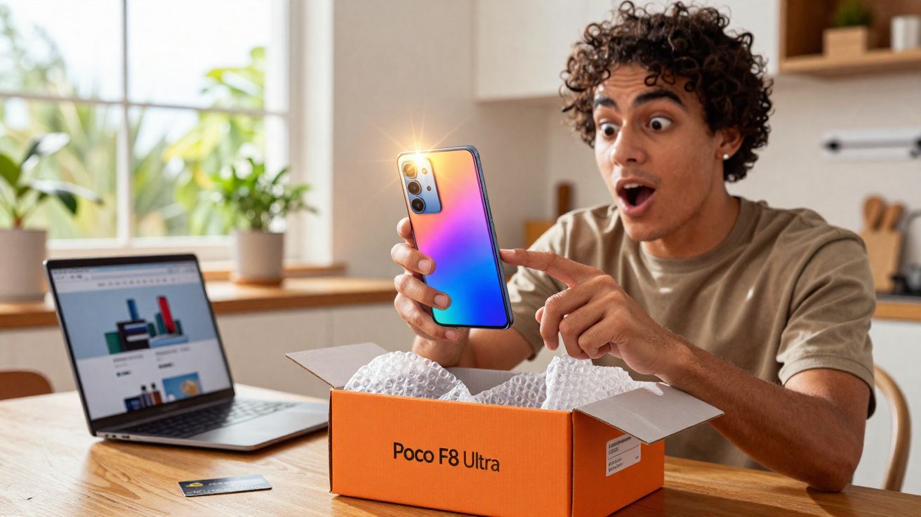 Jeune homme surpris découvrant un smartphone Poco F8 Ultra sorti de sa boîte orange sur une table.