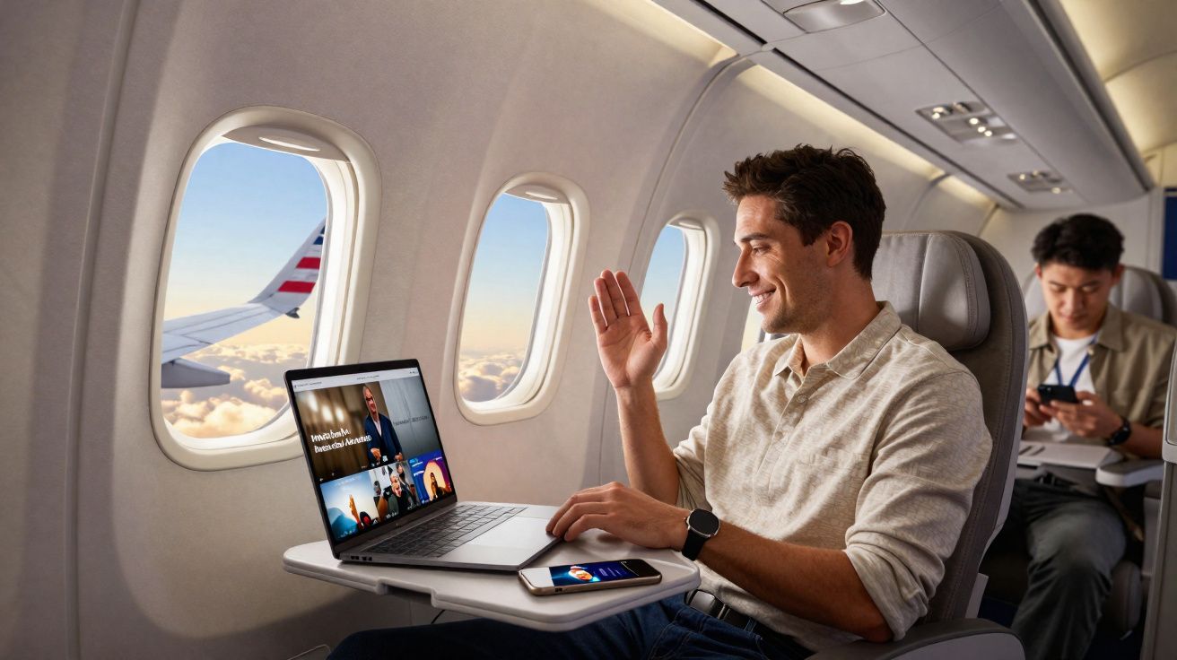 Homme souriant participant à une visioconférence sur ordinateur portable dans un avion avec vue sur les ailes.