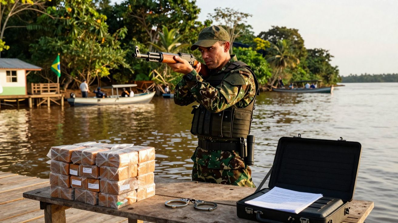 Militaire en tenue camouflée vise avec une arme près d'une table avec colis et menottes au bord de l'eau.