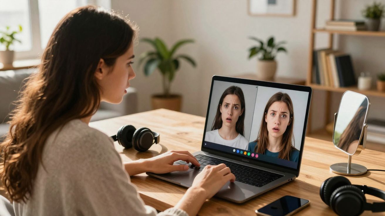 Femme assise à un bureau regardant deux photos d'elle avec expressions faciales inquiètes sur un ordinateur portable.