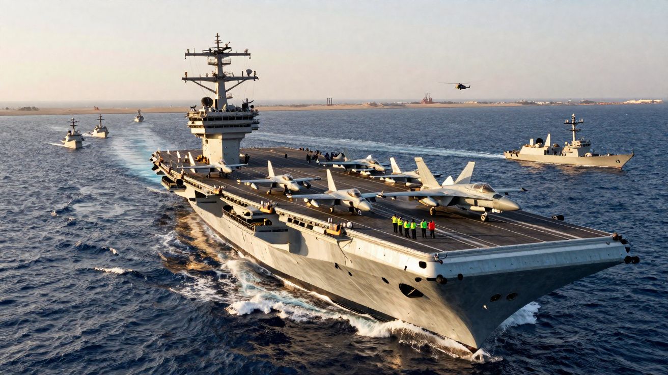 Porte-avions militaire avec plusieurs avions de chasse sur le pont et navires d’escorte en mer calme au coucher de soleil.