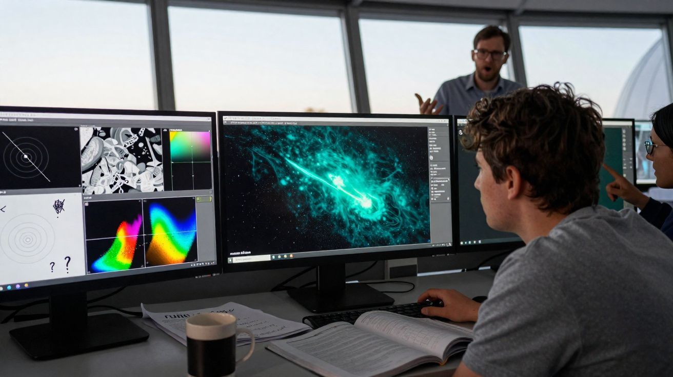 Trois personnes analysent des données astrales sur plusieurs écrans d’ordinateur dans un bureau lumineux.