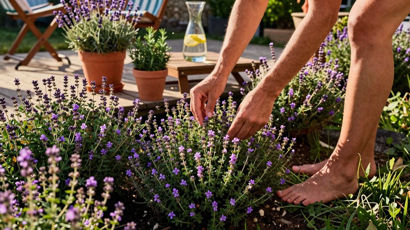 Personne pieds nus cueillant de la lavande dans un jardin ensoleillé avec poteries et siège en arrière-plan.