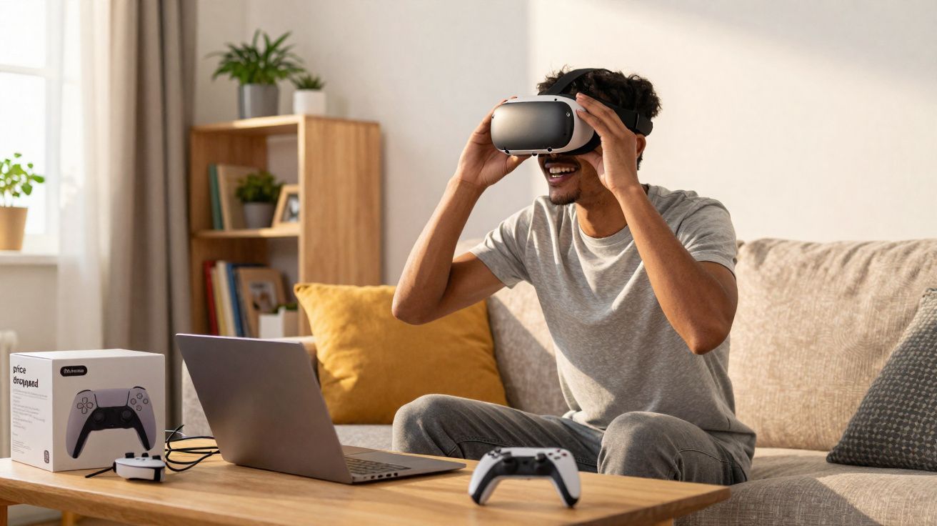 Homme assis sur un canapé utilisant un casque de réalité virtuelle, avec manettes et ordinateur portable sur une table.