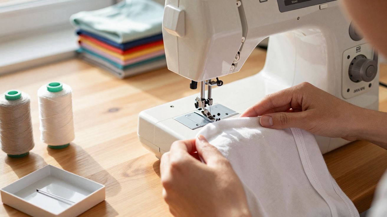 Machine à coudre blanche utilisée pour coudre un tissu blanc, avec des bobines de fil et des tissus pliés en arrière-plan.