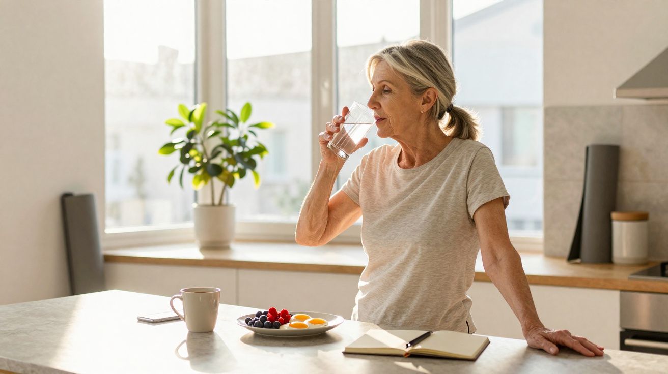 Femme âgée buvant un verre d'eau dans une cuisine lumineuse avec petit-déjeuner et carnet sur le comptoir.