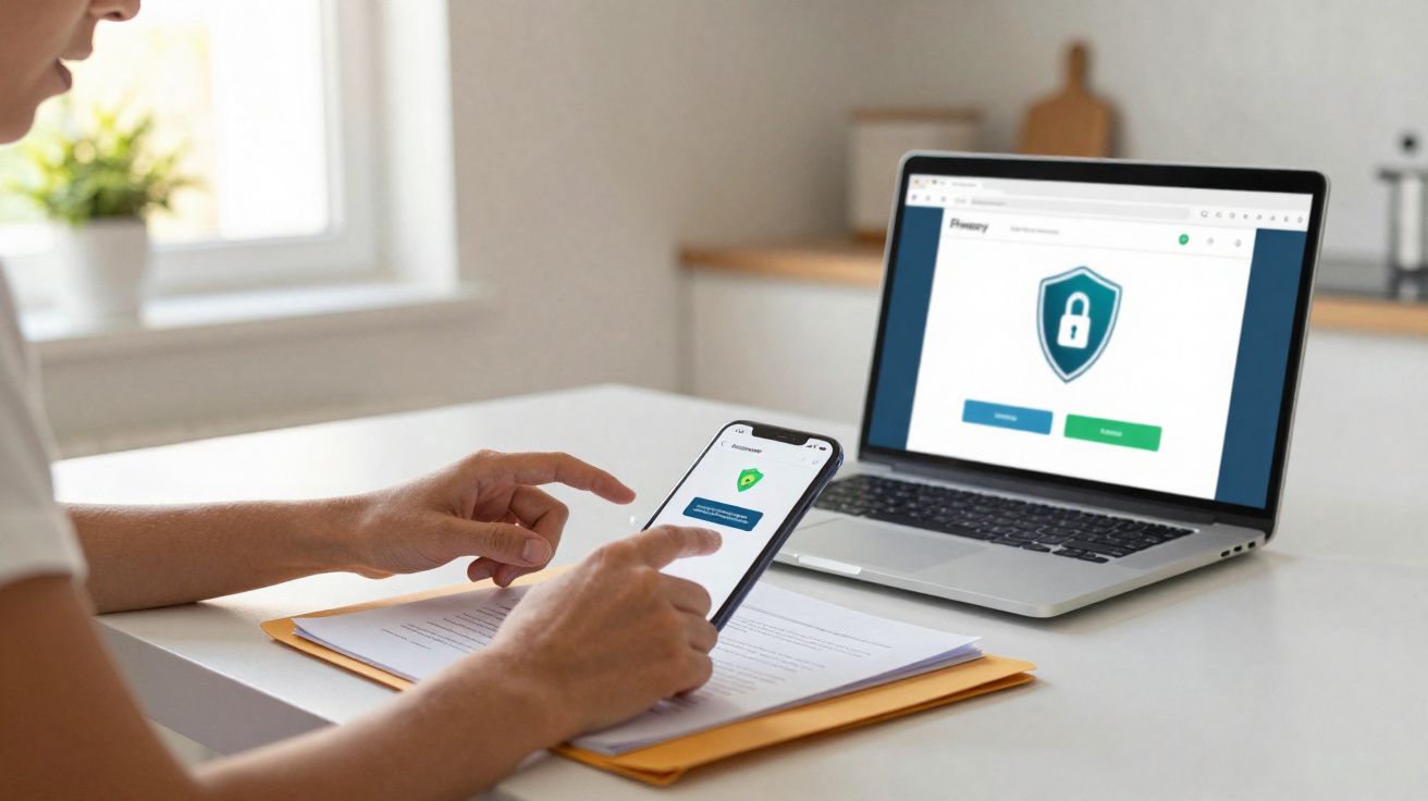 Personne utilisant un smartphone et un ordinateur portable montrant des icônes de sécurité des données sur un bureau.