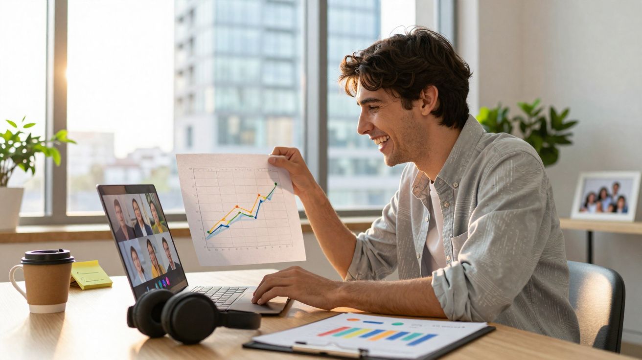 Jeune homme souriant montrant un graphique à la hausse lors d'une visioconférence au bureau lumineux.