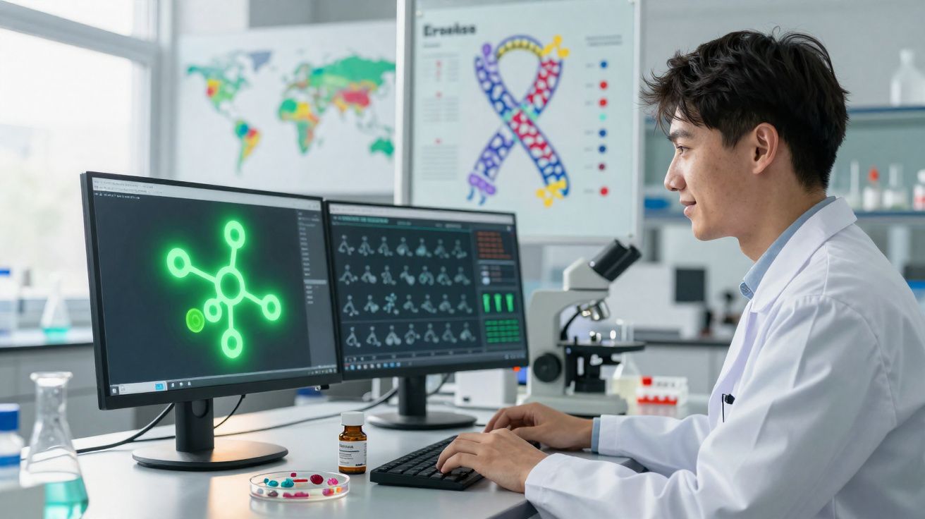 Chercheur en blouse blanche analysant des données moléculaires sur deux écrans dans un laboratoire moderne.