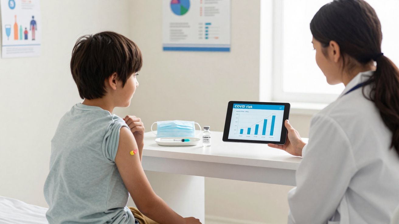 Enfant avec pansement au bras et médecin montrant un graphique de risque COVID sur tablette en consultation.