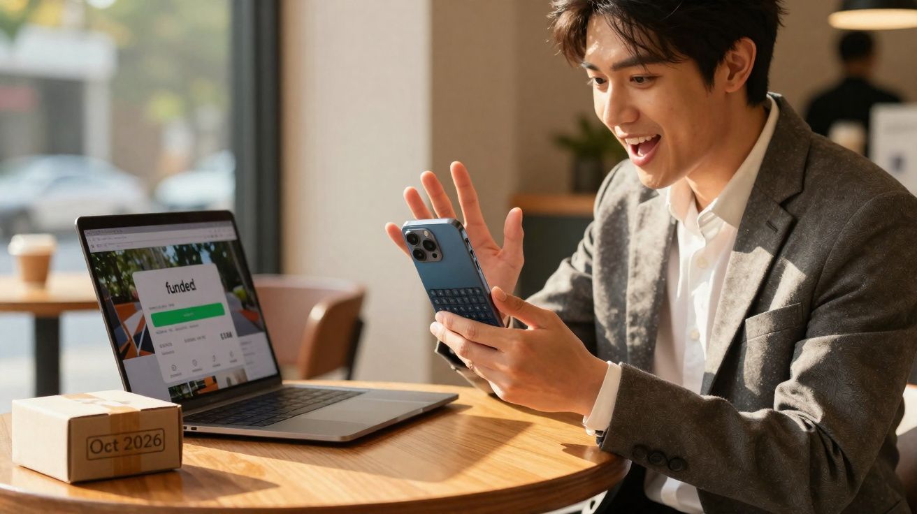 Jeune homme souriant utilisant un smartphone près d’un ordinateur portable sur une table en bois.