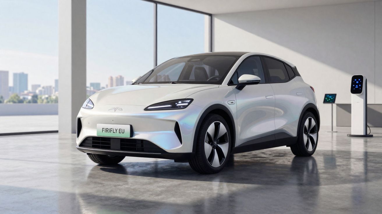 Voiture électrique compacte blanche garée dans un showroom moderne avec borne de recharge murale.