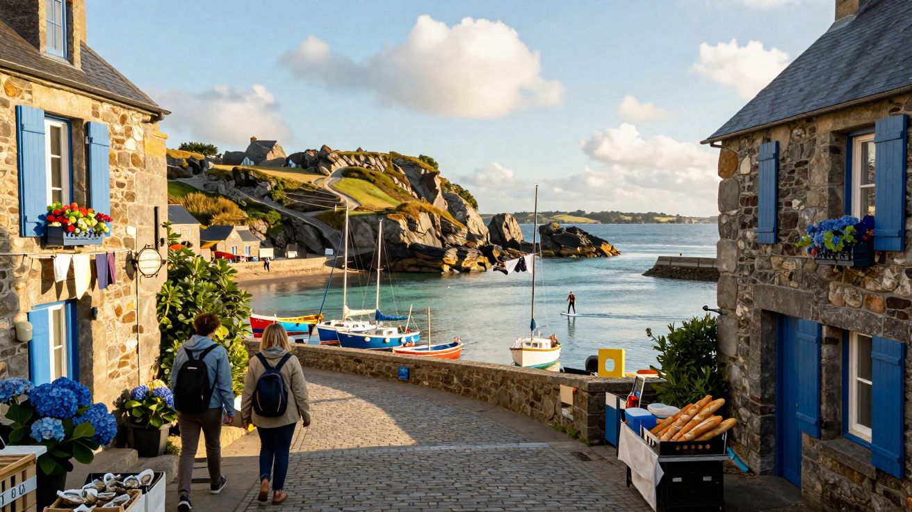 Village côtier avec ruelles pavées, volets bleus, fleurs, bateaux colorés et deux personnes marchant vers le port.