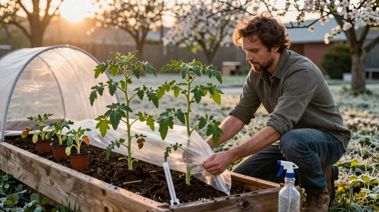 Homme jardinant sous une serre tunnel en plastique dans un potager au lever du soleil.