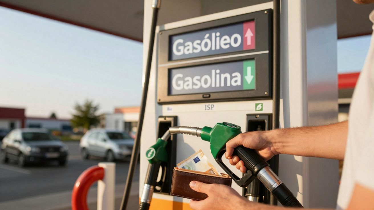 Une personne tient une pompe à essence verte et un portefeuille à une station-service avec des panneaux de prix.