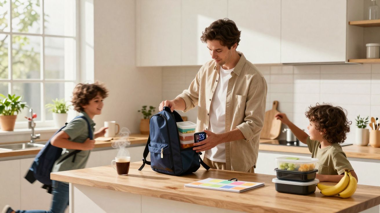 Un père prépare le sac à dos de son enfant dans une cuisine ensoleillée avec deux garçons présents.