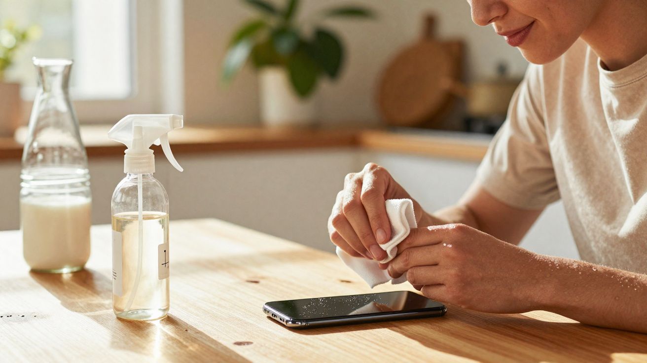 Personne nettoyant un smartphone avec un chiffon blanc sur une table en bois lumineuse.