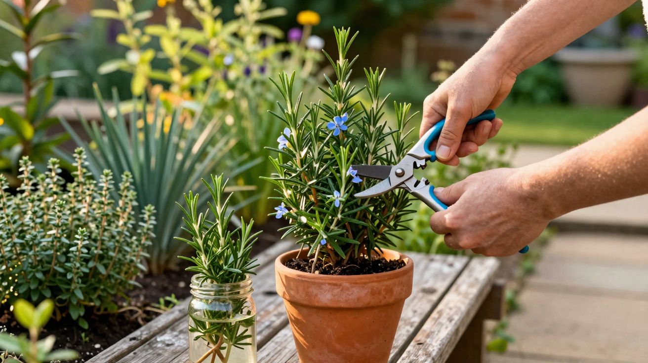 Une personne taille un romarin en pot avec un sécateur dans un jardin ensoleillé.