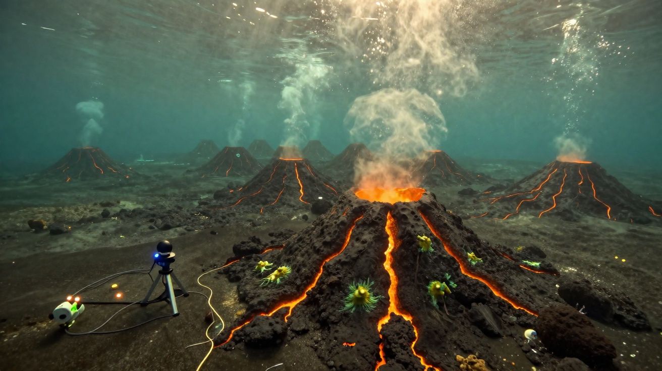 Volcans sous-marins en éruption dégageant fumée et lave incandescente, avec instruments de mesure au premier plan.