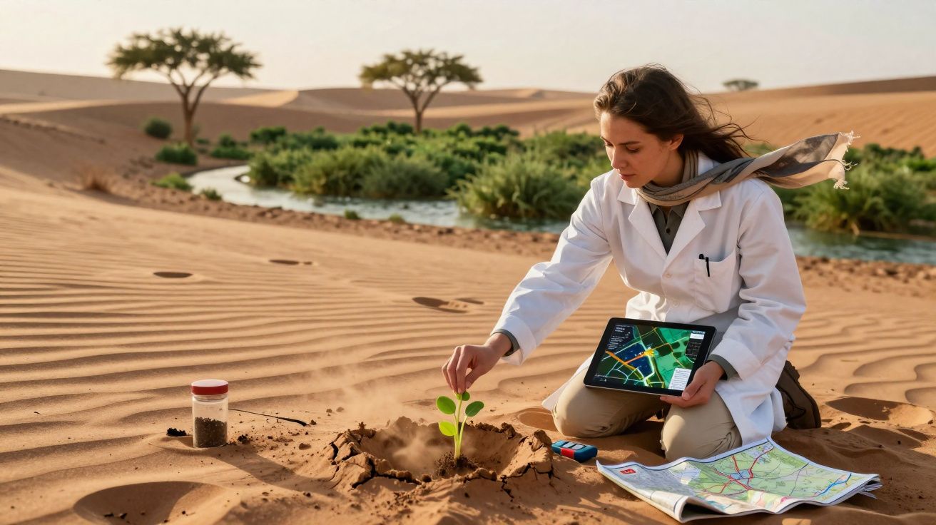 Femme scientifique plantant une jeune pousse dans le désert avec tablette et carte près d'un point d'eau.