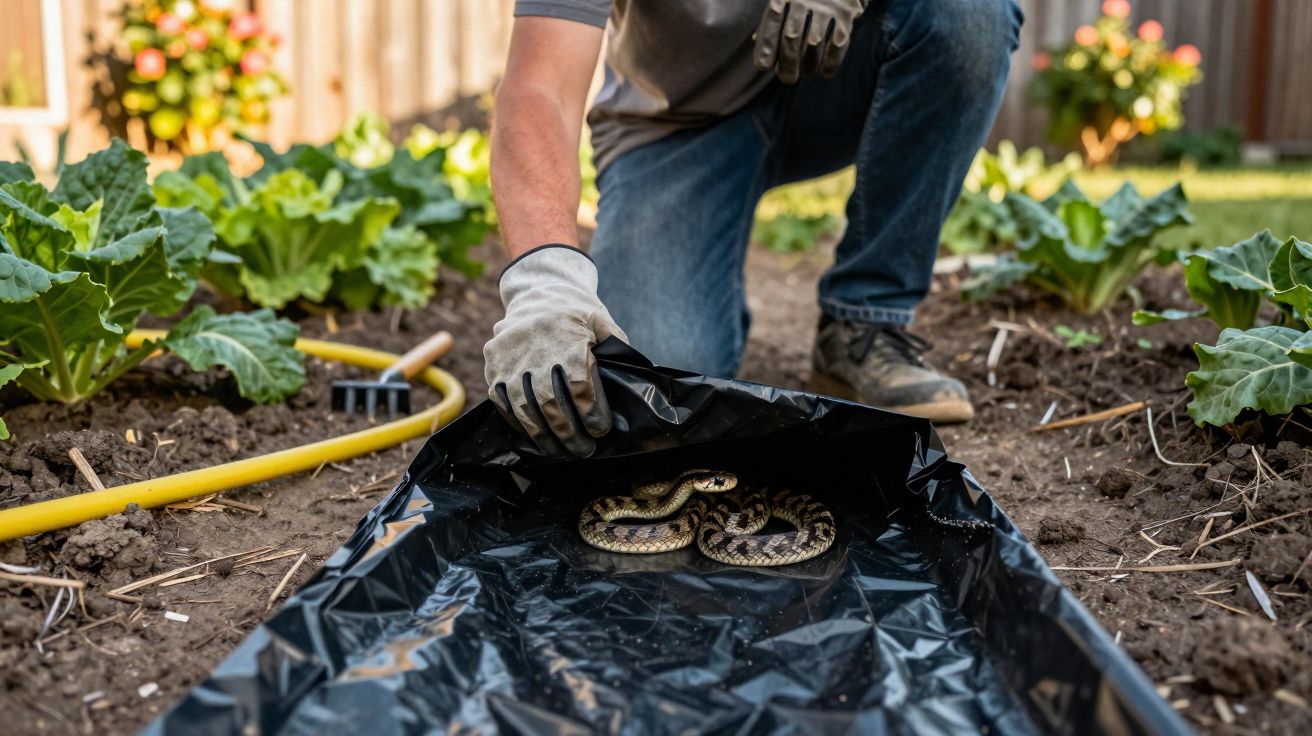 Personne en gants attrapant un serpent dans un jardin potager sur une bâche noire.