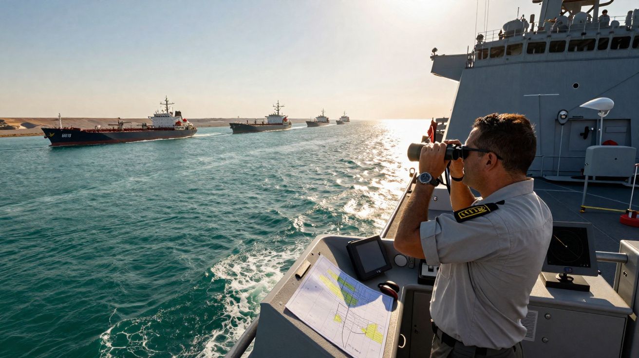 Officier en uniforme à bord d'un navire observant plusieurs cargos dans un canal maritime ensoleillé.