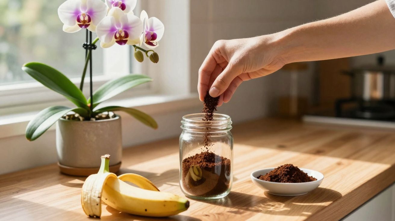 Main versant du marc de café dans un bocal, orchidée, banane et bol sur un plan de travail en bois.
