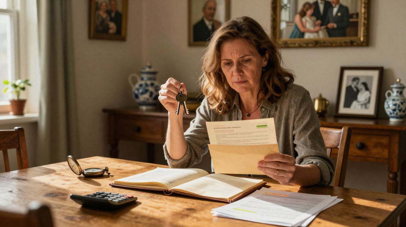 Femme assise à une table, lisant une lettre en tenant des clés, entourée de documents et d'un livre ouvert.