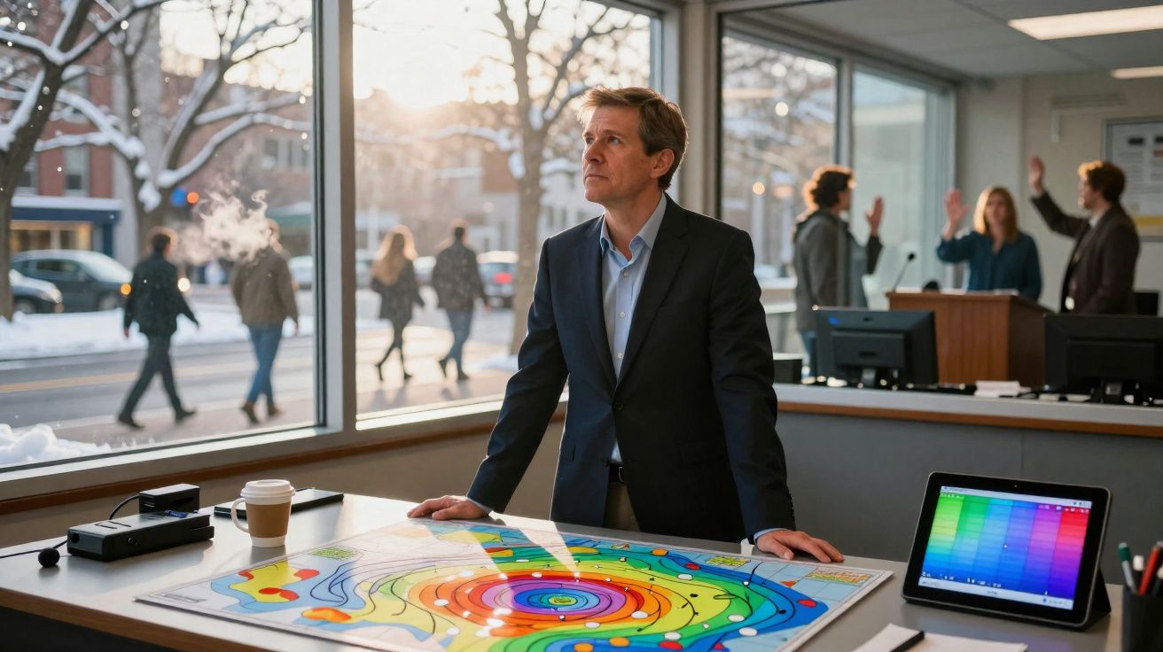 Homme en costume debout devant une table avec une carte colorée, bureau lumineux avec grandes fenêtres.