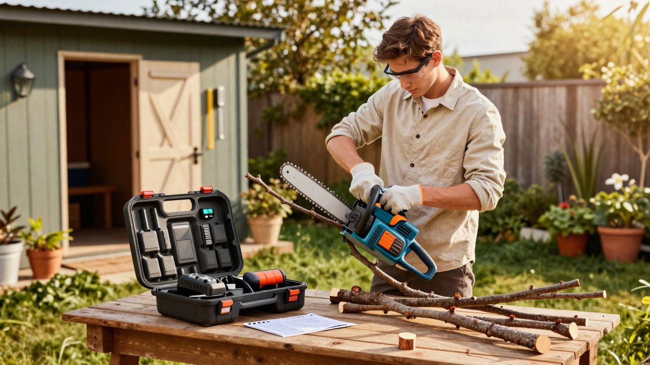 Jeune homme préparant une tronçonneuse électrique pour couper des branches dans un jardin ensoleillé.
